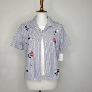 Koret Petite Embroidered Flowers & Stars Striped Top One Piece NEW Size SP